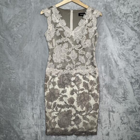 Tadashi Shoji Dress Womens 2 Gray Beige Lace Floral Sheath Cocktail ART16034M - Picture 1 of 9